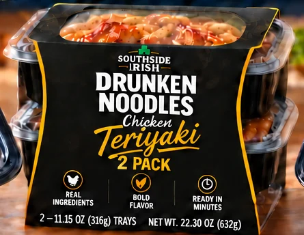 Drunken Noodles Chicken Teriyaki two-pack sleeve over two noodle trays